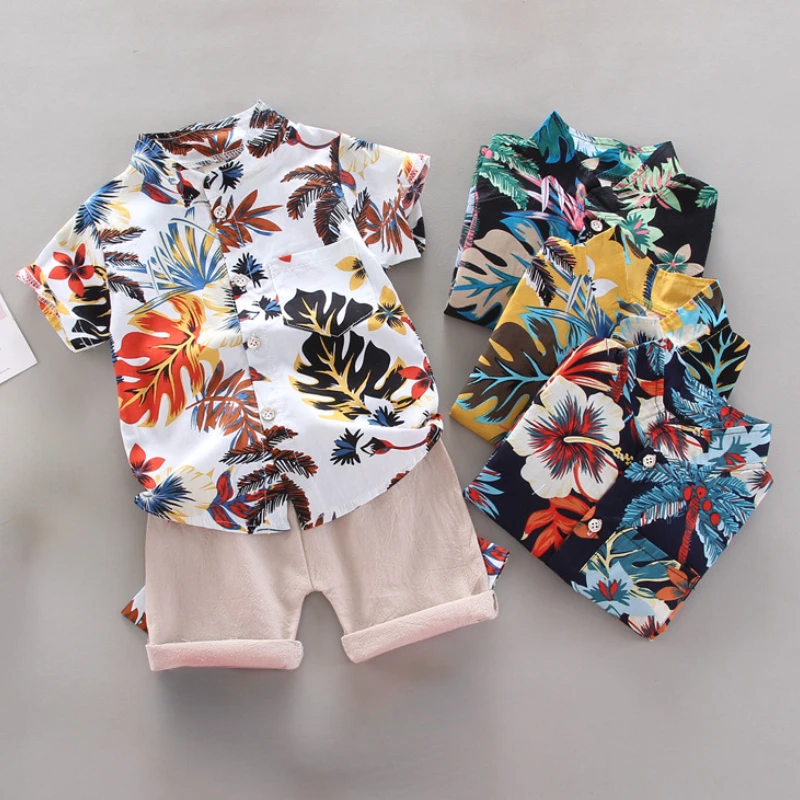 

Boys' Coconut Tree Short Sleeve Set Southeast Asian Style Baby Cotton Casual Clothes Korean Hawaii Style Children's Clothes