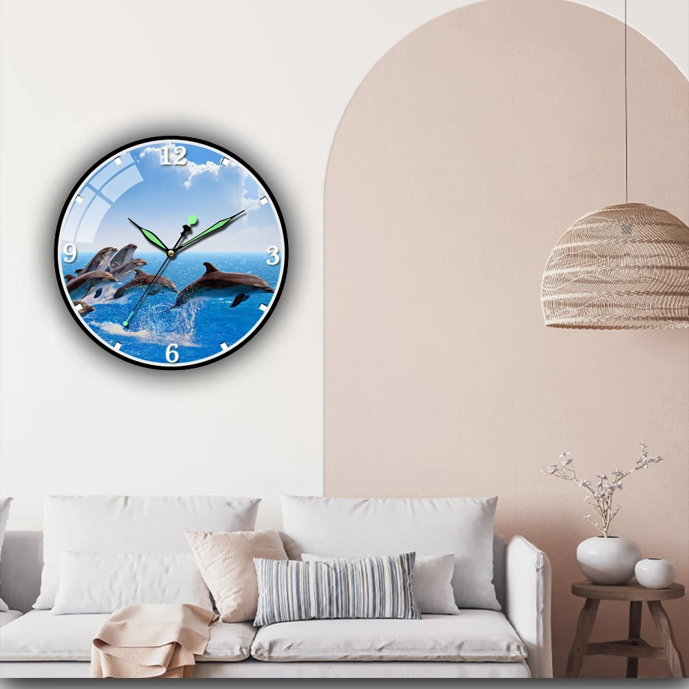 

Dolphin Sea Blue Sky Clouds Wall Clocks Non Ticking for Girl Boy Bedroom Bathroom Kitchen Living Room Office