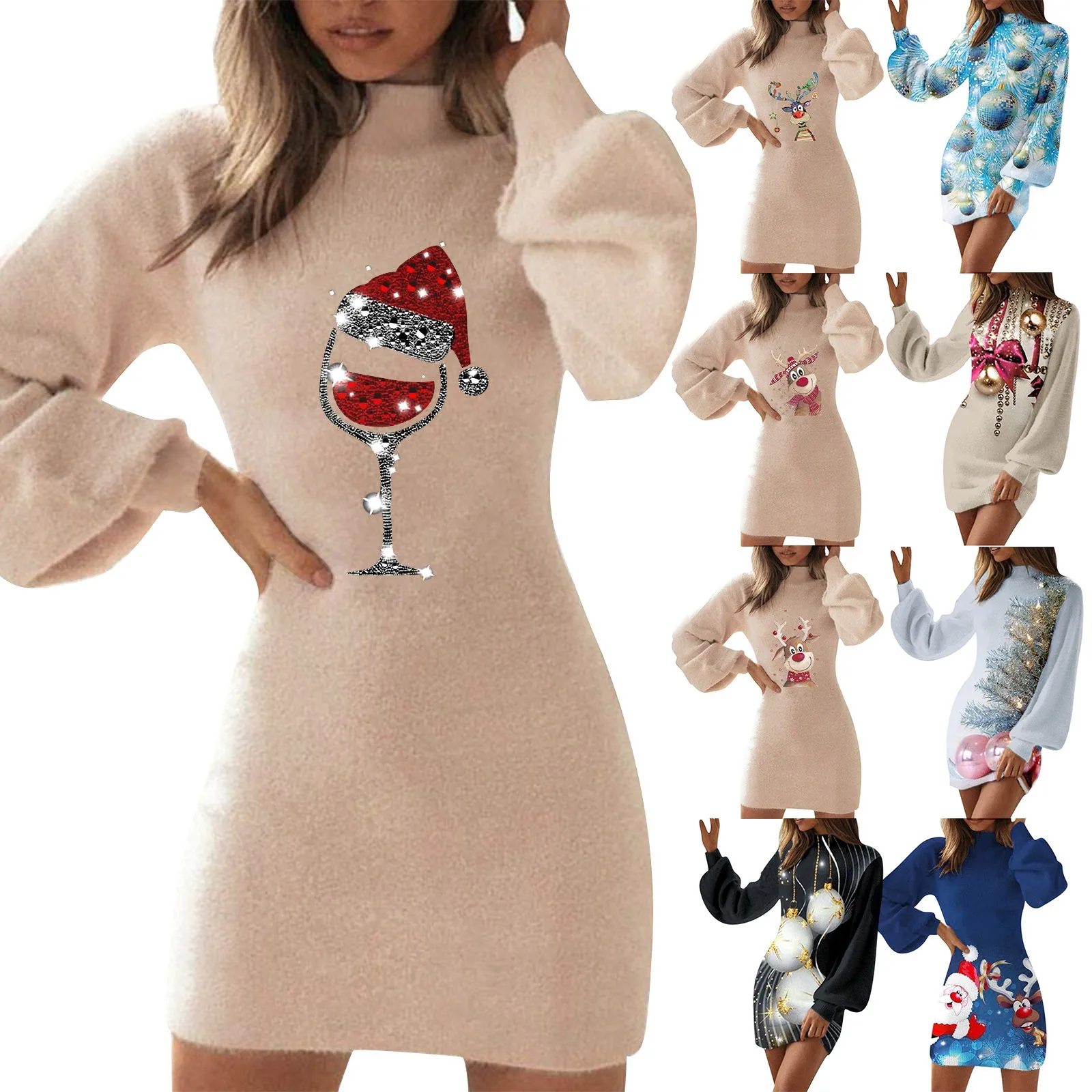 

Женское рождественское платье средней длины, милое приталенное платье с принтом, рубашка средней длины, рождественские длинные летние плат...