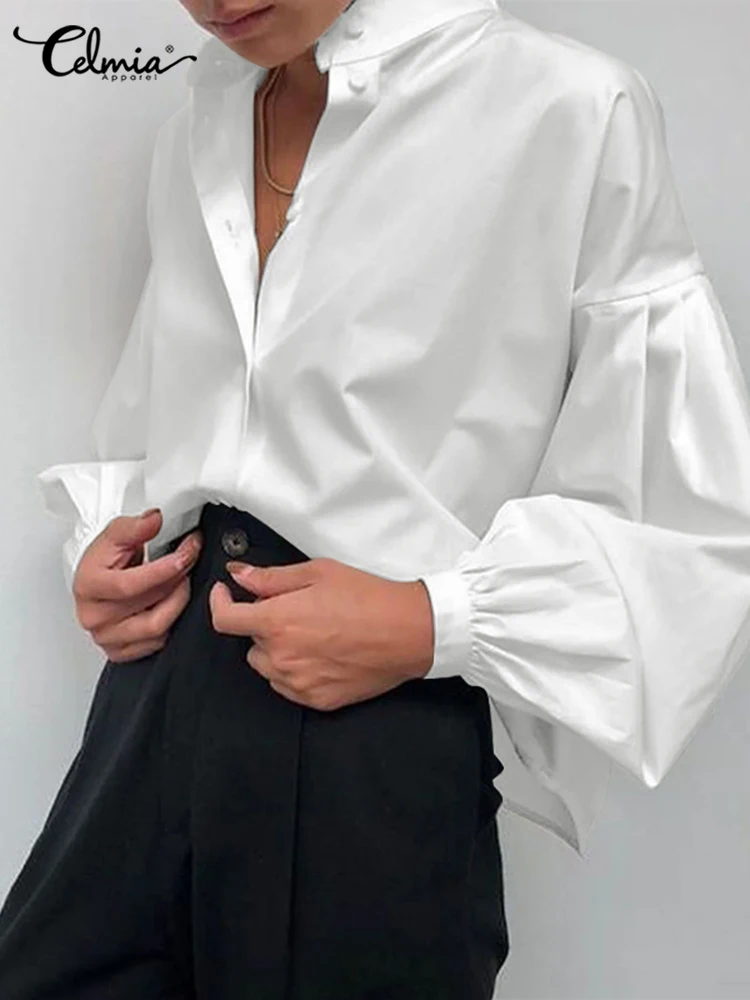 

Новинка, модные женские рубашки Celmia с рукавами-фонариками, сезон весна-лето 2022, повседневные Однотонные блузки с воротником-стойкой, женски...