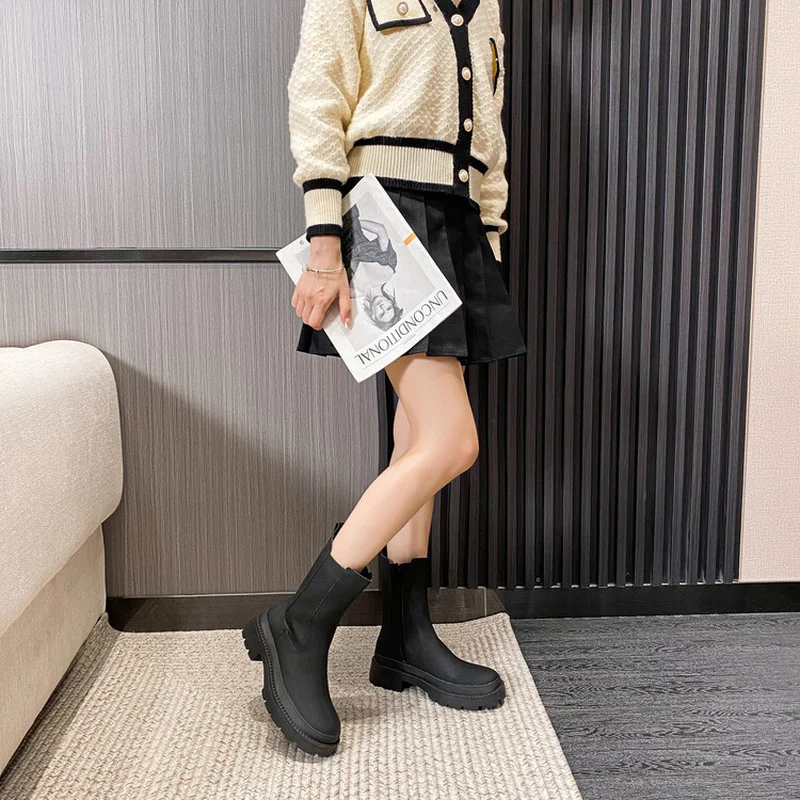 Women's Autumn Shoes Chunky Heel Chelsea Boots Genuine Leather Lug Block-Heel Ankle Boots Thick Bottom Shoes Winter Brand New