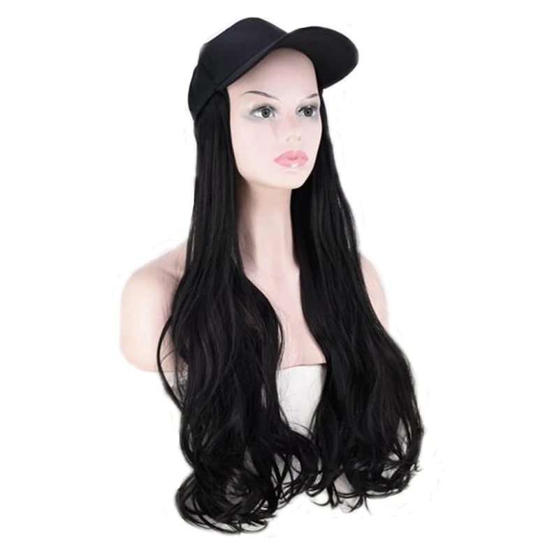 

JOY&BEAUTY 24 Inch Long Wavy Wig Baseball Cap And Hair Extensions Black Brown Synthetic Hair Integrate Cap For Girl Party Wig