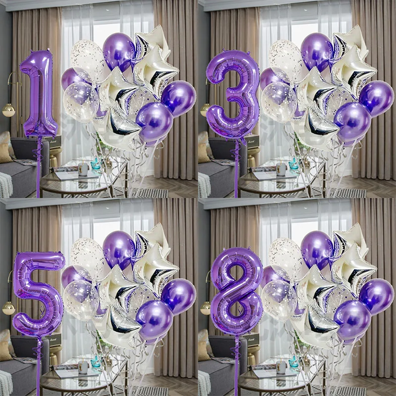 

1 Set Kids Birthday Metal Helium Confetti Latex Balloons 40inch Purple Number DIY Party Theme Decoration Anniversaire Globos