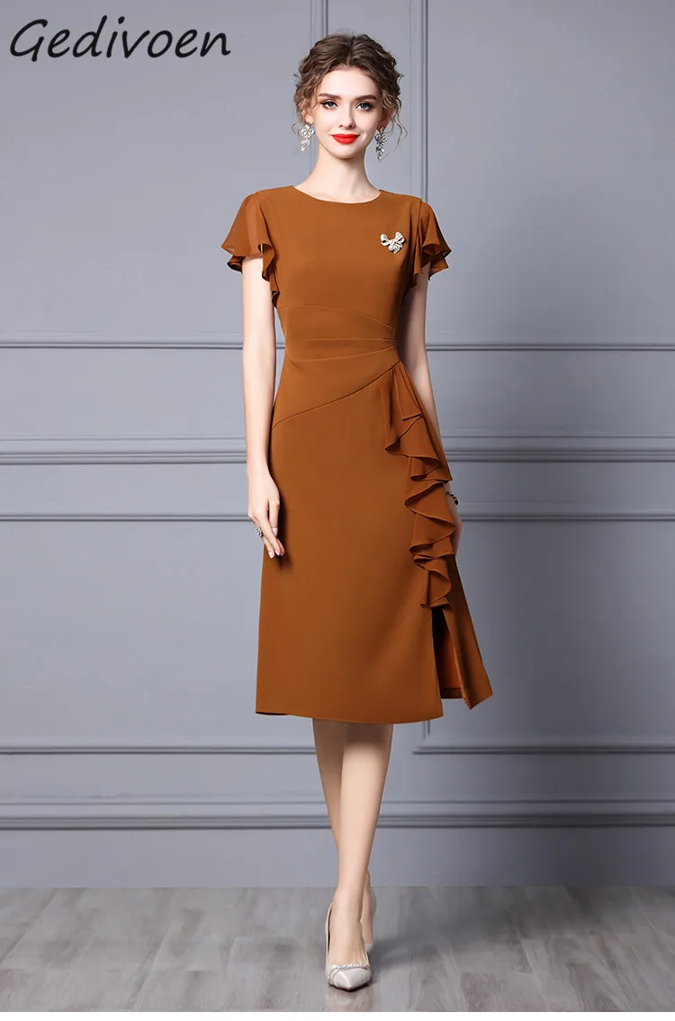 Gedivoen Fashion Designer Spring Women's Dress Round neck Medium - Length Waist Collection Slimming Lotus Edge Banquet Dress