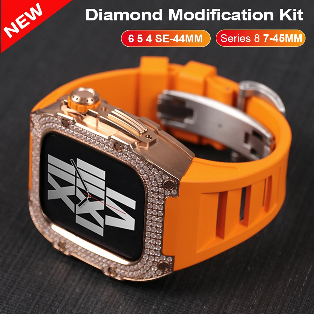 Luxury Carbon Fiber Modification Kit For Apple Watch 8 7 45mm Fluorine Rubber Strap Titanium Alloy Case for iWatch 6 5 4 SE 44mm