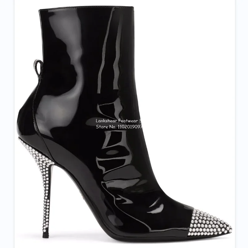 Women Patent Leather Black Crystal Embellished  Ankle Boots Pointed Toe Stiletto Interior Zipper Elegant Boots Plus Size 34-43