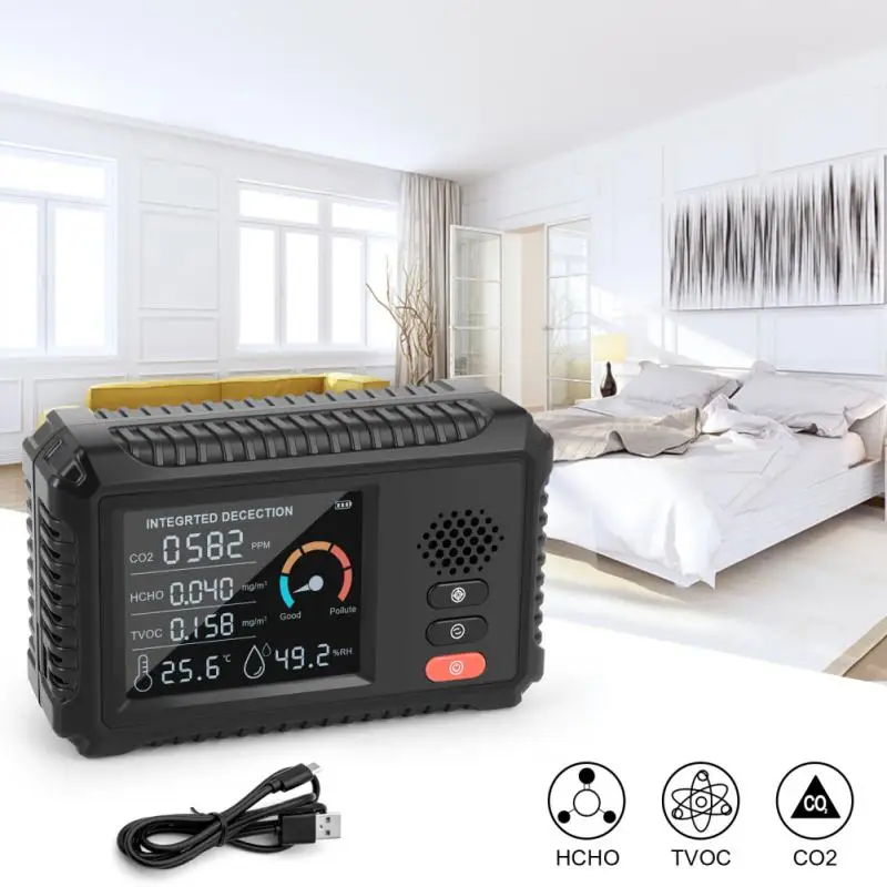 

5-IN-1 Air Quality Detector Digital Air Quality Monitor Home Temperature Humidity CO2 TVOC Formaldehyde HCHO Detector