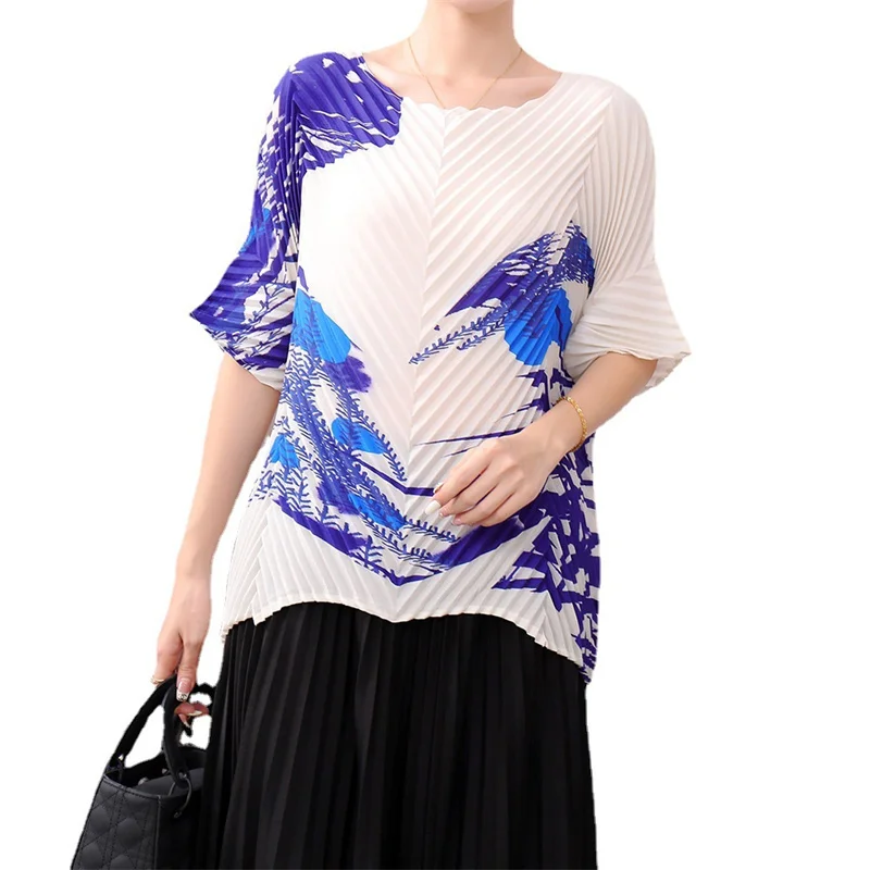 

Miyake, плиссированные топы для женщин, лето 2023, новый джемпер с принтом, пуловер, круглый вырез, тонкий короткий рукав, темперамент, дикая футболка