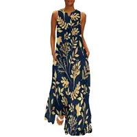 Gold Glitter Leaf Dress Summer Elegant Floral Print Street Wear Boho Beach Long Dresses Lady Graphic Beach Maxi Dress Large Size