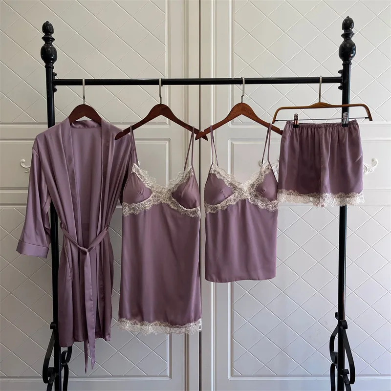 

Sexy Lace Applique Robe Nightdress Sling Shorts Women Rayon Satin Homewear Pajamas Gown Set Cami Nighties Nightwear
