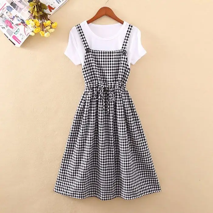 

Women 2022 Summer Fashion Two-piece Sets Female Short-sleeved T-shirt + Long Plaid Suspenders Skirts Ladies Student Suits Y26