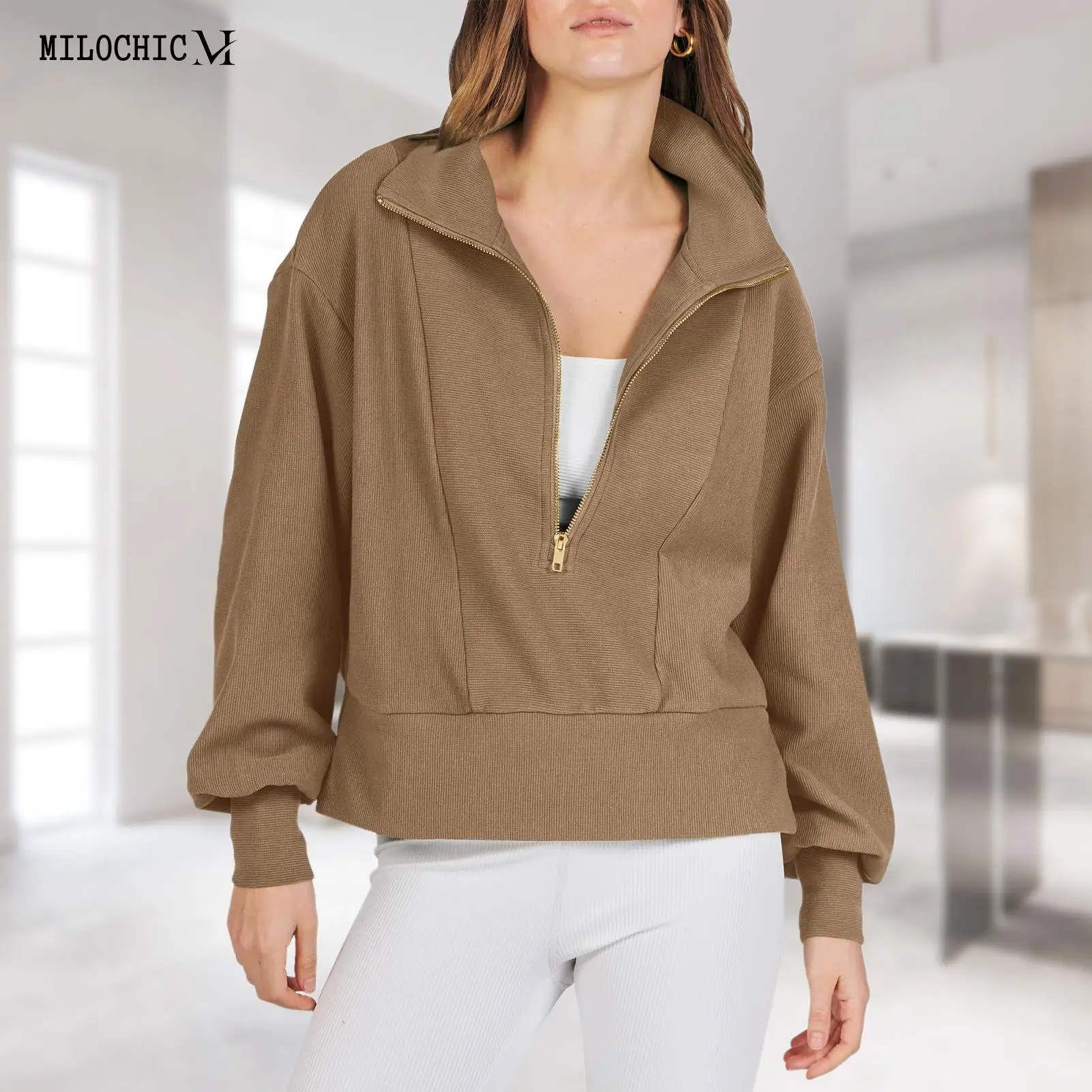 

Ladies Turn-down Collar Sweatshirt Solid Color Pullover Sweatsuit Half Zipper Versatile Side Slit for Vacation Outdoor Sports