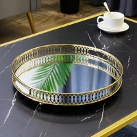 luxury glass mirror tray european metal jewelry cosmetic storage tray organizer wollow gold fruit cake dessert plate home decor
