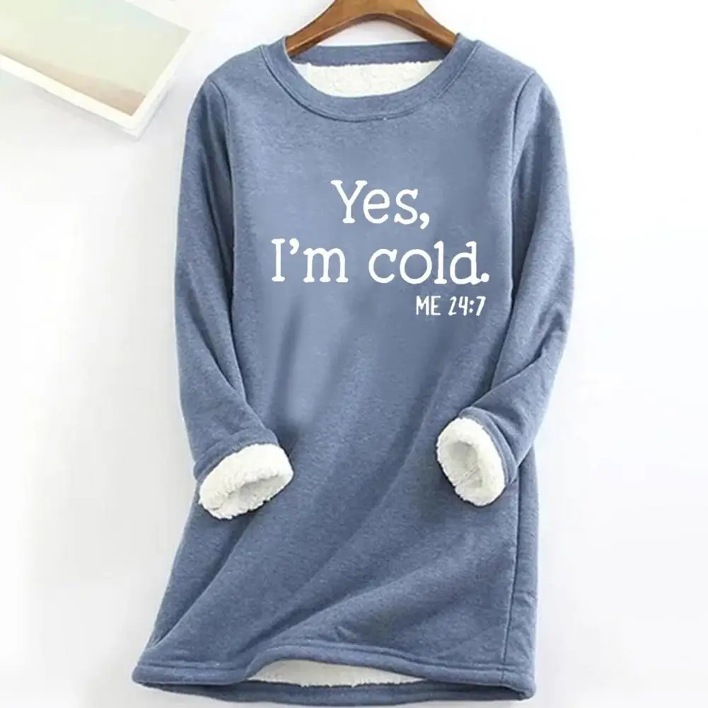 

Women Sweatshirt Letter Print Slim Fit O-Neck Streetwear Autumn Winter Thicken Plush Lining Pullover Tops for Daily Wear