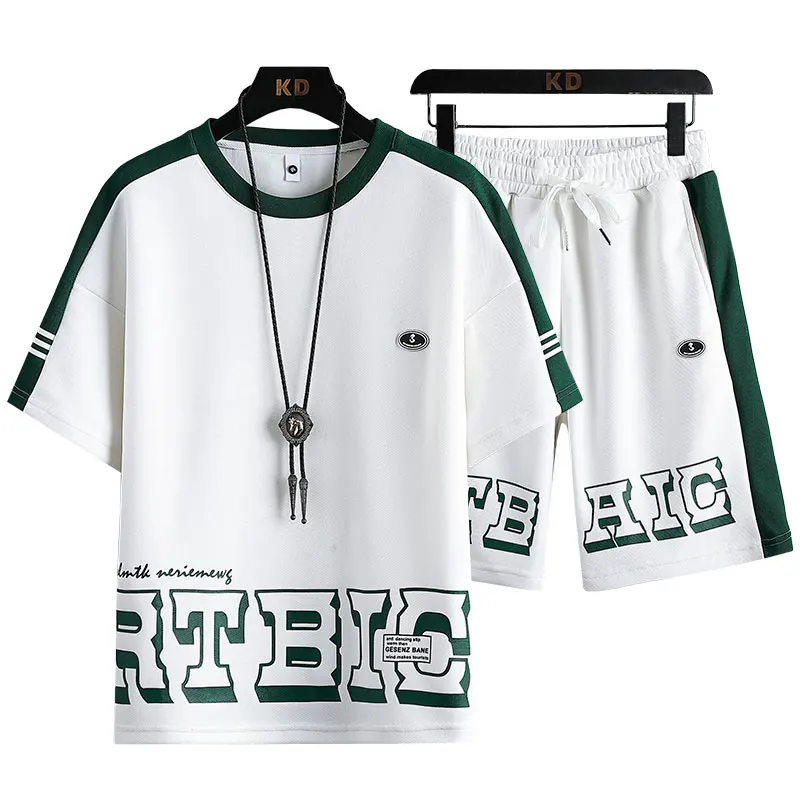 Casual Sports Suit Men's Summer Fashion Brand Fashion Letters Short-Sleeved Men's Suit with Handsome Teen Clothes