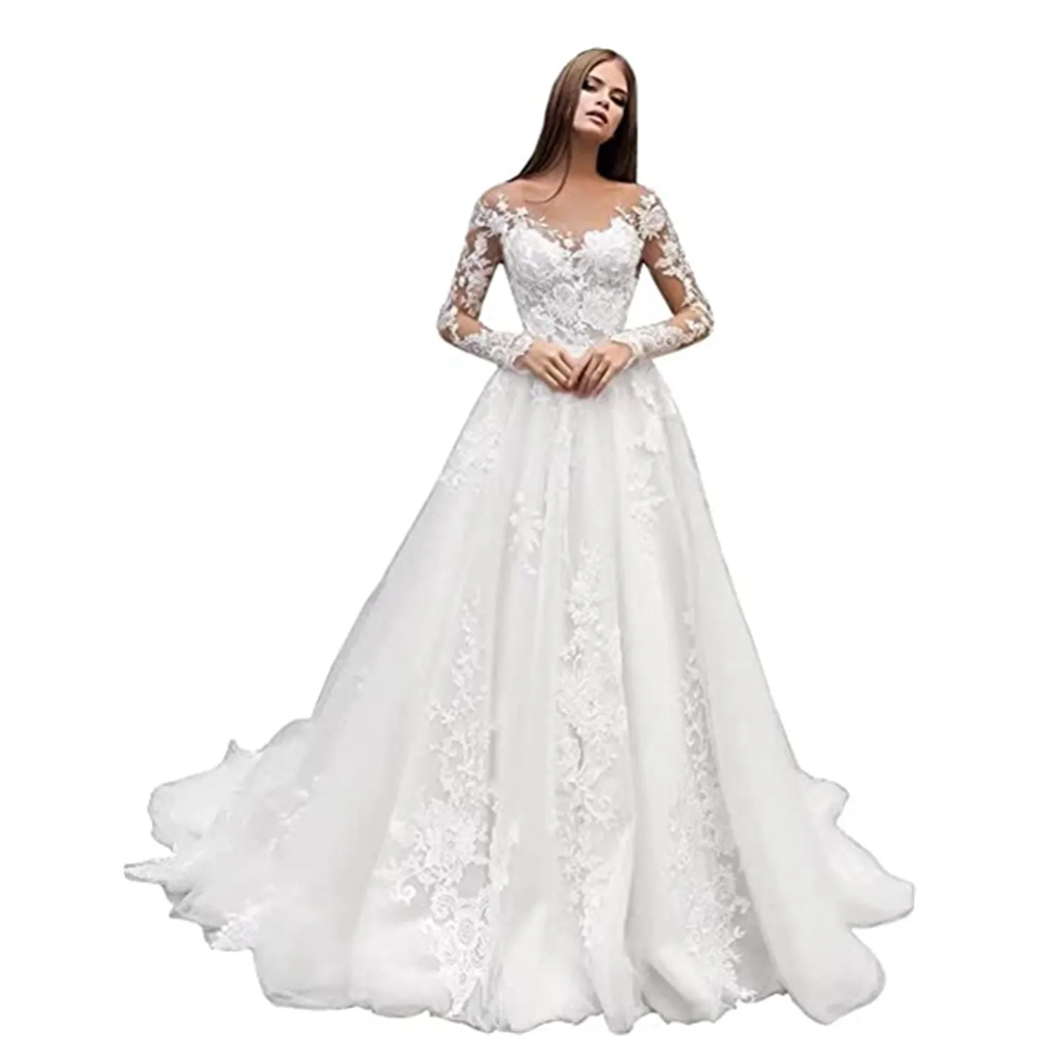 

Кружевное свадебное платье с длинным рукавом, а-силуэт, свадебное платье с V-образным вырезом, аппликация, индивидуальный пошив, Vestido De Noiva