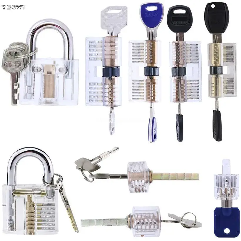 

9-Piece Practice Lock Set for Beginner and Pro Locksmiths, 9 Pack Clear Padlock Visible Cutaway Keyed Padlock Lock Picking Set