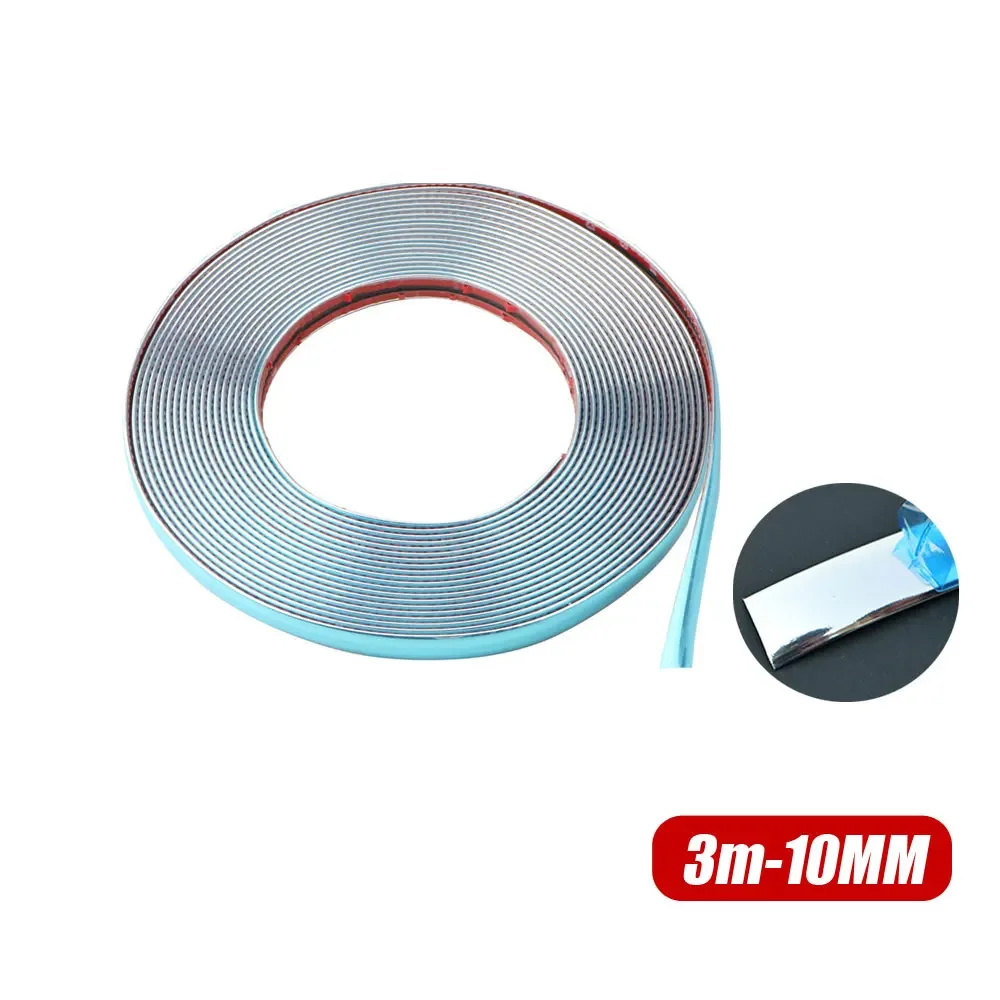 

10 мм * 3 метра/рулон, Универсальная автомобильная самоклеящаяся хромированная полоса для боковых дверей, зеркальная защита, клейкая лента, автомобильные наклейки