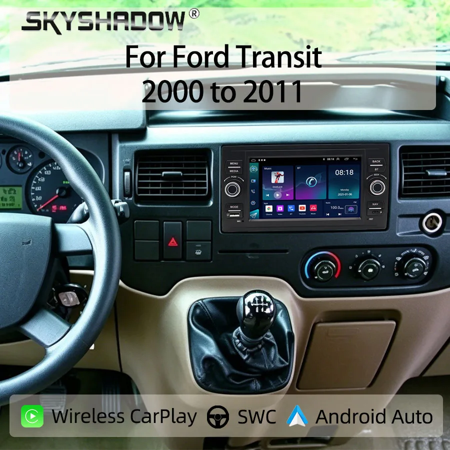 Фото 7-дюймовая автомобильная магнитола Android Type-C для Ford Transit 2000-2011 с беспроводным CarPlay, Android Auto, GPS-навигацией, Bluetooth и управлением с руля №1
