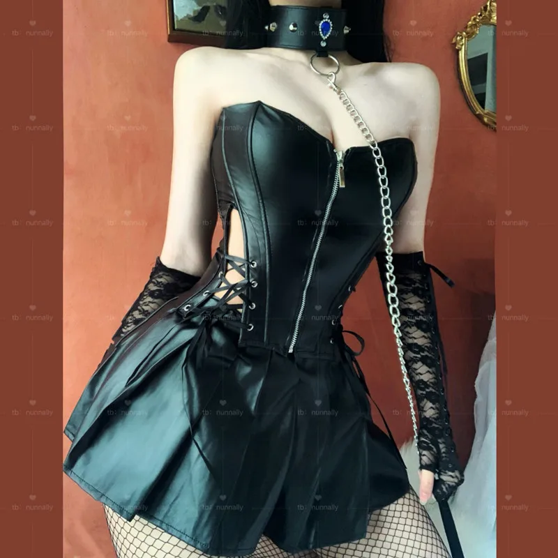 

Hot girl tube top corset Faux PU leather Mini skirt 3pcs set Party Club Sexy Punk Black Summer Suit Dress Plus size 8209