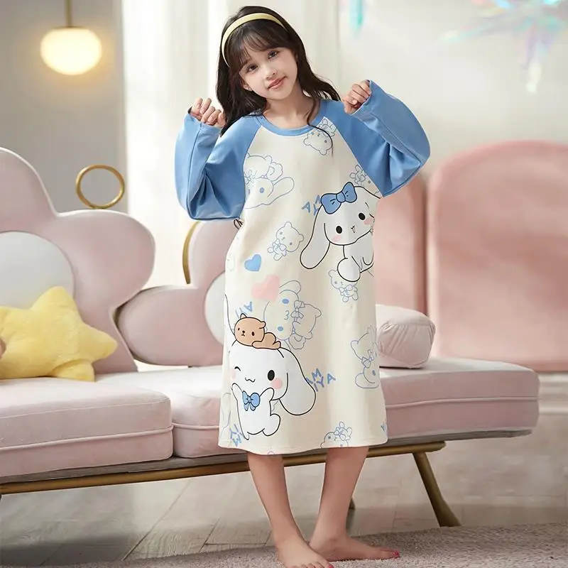 

2023 Cartoon Sanrios Girls Cotton Long Sleeve Nightdress Kawaii Anime Kuromi My Melody Cinnamoroll Pyjamas Kids Homewear Clothes