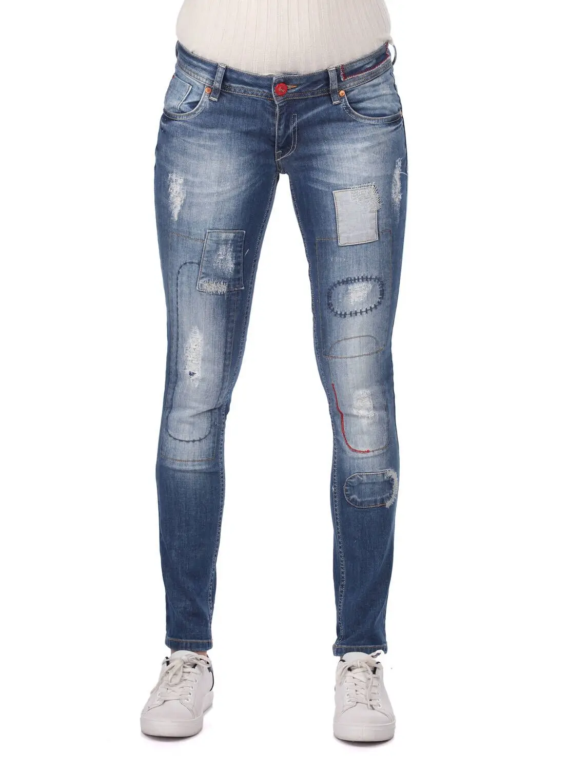 

Голубые белые женские джинсовые брюки с принтом