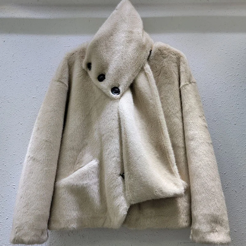 DEAT Новая модная теплая куртка из меха норки с шарфом для женщин свободное