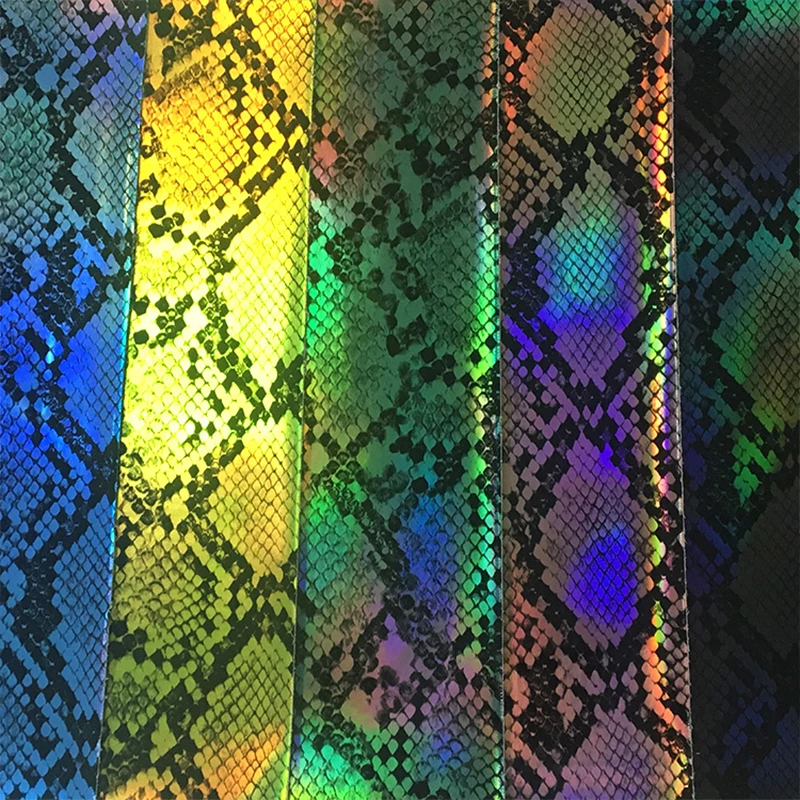 

46*135CM Snake Skin Printed Holographic Mirror Laser Reflective PU Faux Leather Fabric Sheet for Making Handbag/DIY Accessories