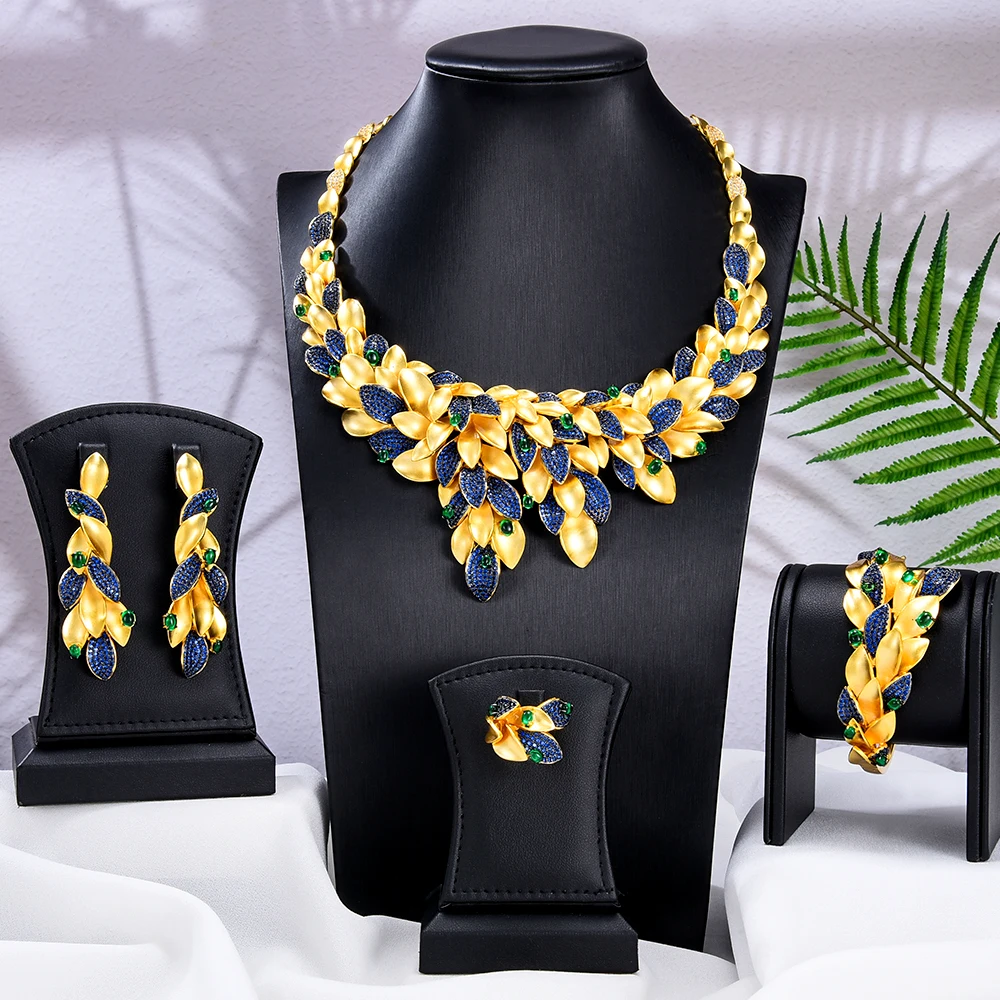 

GODKI Luxury Matte Leaf Forest 4PCS Indian Jewelry set For Women Wedding Zircon Crystal Naija African Dubai Bridal Set