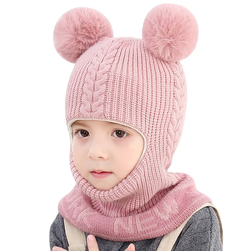 

Baby Hat New Winter Warm Pompom Hats Windproof Plus Velvet Children's Knit One-pieces Earmuff Hat Double Ball Ears Hats for Kids