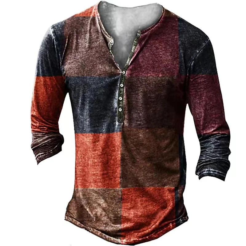 

Vintage Men's T-shirts With Button Ethnic Pattern Print Spring Autumn Loose O-neck Long Sleeve Oversized Shirts Male Clothing