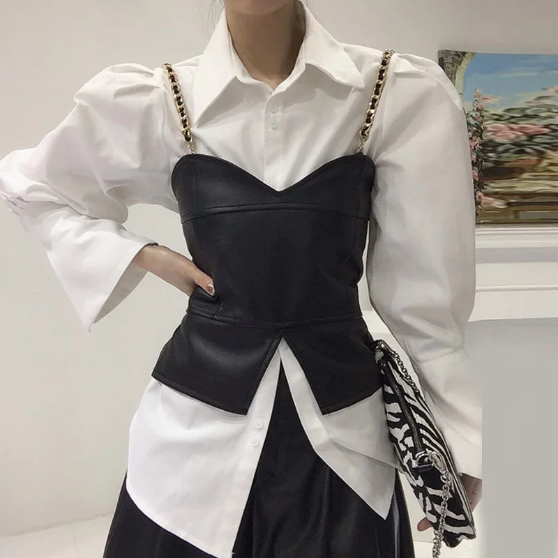 E GIRLS  Women Turn down Collar Single breasted Shirt  Spring Autumn Chic Puff Sleeve Top Waist PU Leather Metal Sling Vest