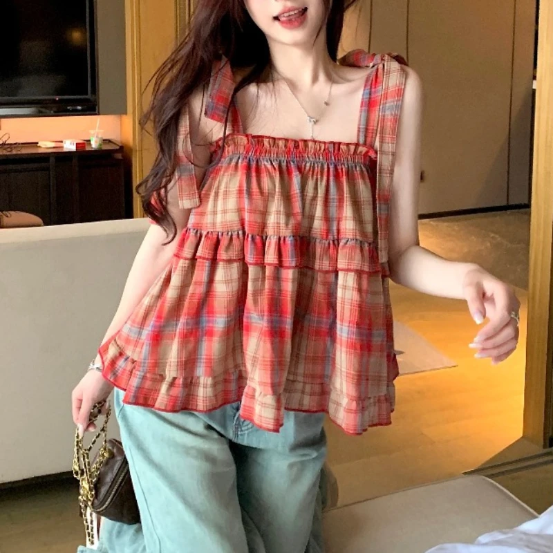 Женское винтажное платье в клетку Mori Girl красное повседневное свободное пляжное