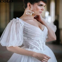 white wedding dresses 2022 womens dresses dots tulle short sleeve bride dress lace vintage wedding gowns sexy v neck