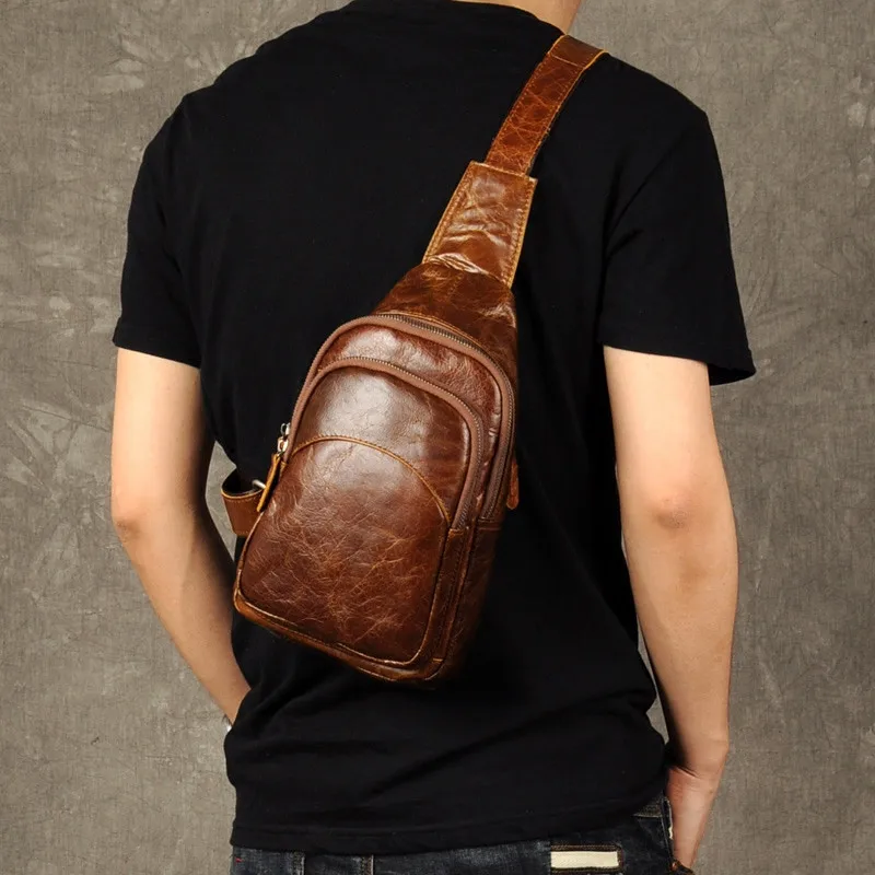 Vintage luxury genuine leather men's chest bag outdoor daily designer handmade natural real cowhide sports crossbody bags