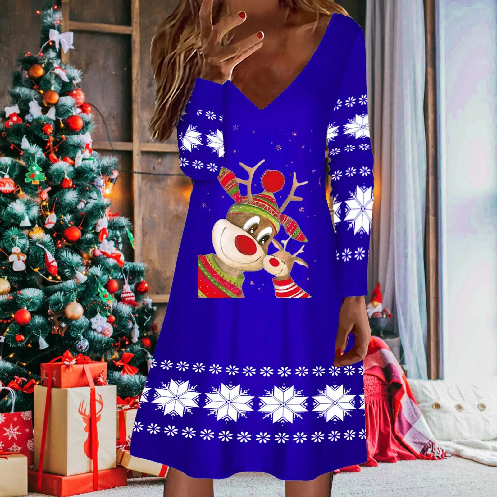 

Женское платье-рубашка средней длины, с длинным рукавом и V-образным вырезом