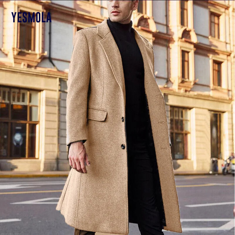 

YESMOLA Autumn Winter Mens Coat Solid Long Sleeve Woolen Jackets Fleece Men Overcoat Streetwear Fashion Long Trench Outerwear
