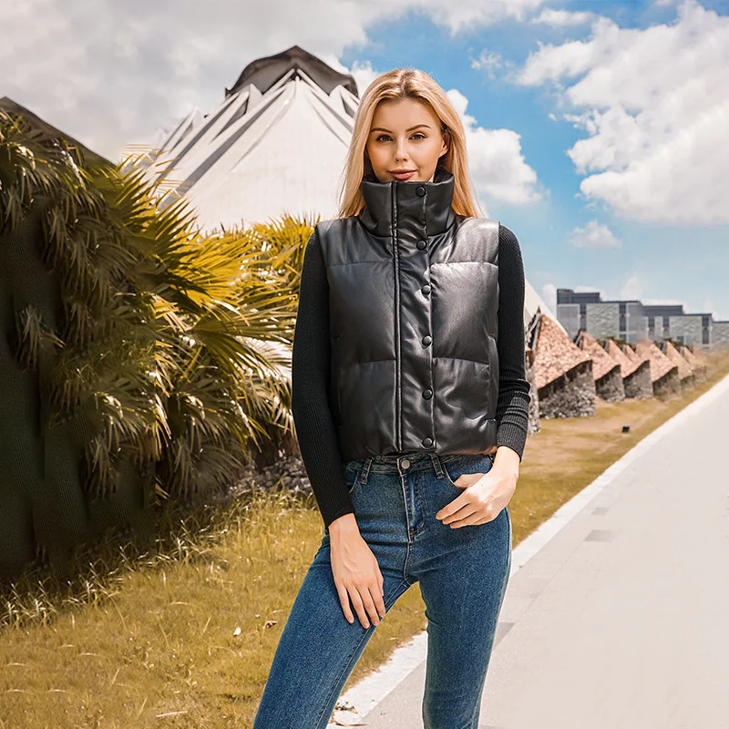 WeiYao 2023 New Arrival Sleeveless Puffer Jacket Winter Coat Women Cotton Vest Sleeveless Zipper Stand Collar PU Vest Coat XS-L