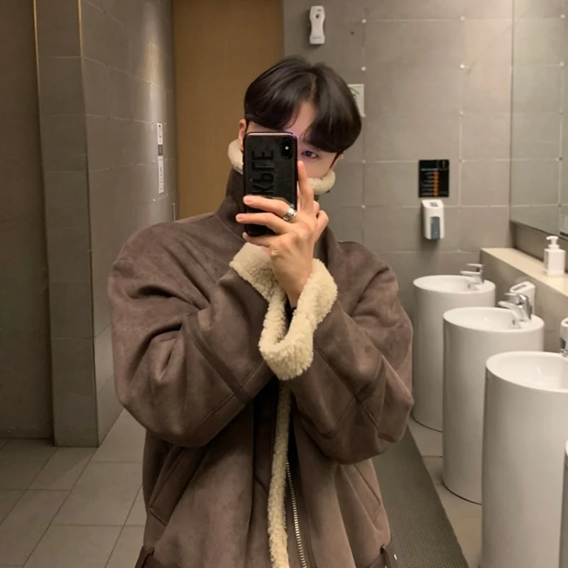 2022 Winter Thickened Suede Jacket Men Warm Fashion Casual Thick Lamb Wool Jacket Korean Loose Short Coat Mens Clothes M-XL