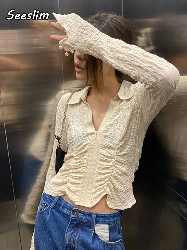 

Seeslim Ruched Crop Top T Shirt Women Clothes Korean Long Sleeve Zipper Up Collared Beige Tunics Ladies Top Spring 2022 Fashion