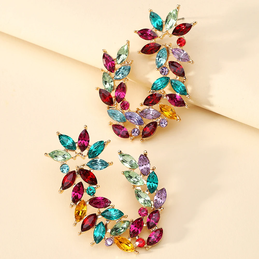

2023 New Fashion Metal Hollow Leaf Geometric Big Earrings Women's Fashion Luxury Color Crystal Party Jewelry Accessories