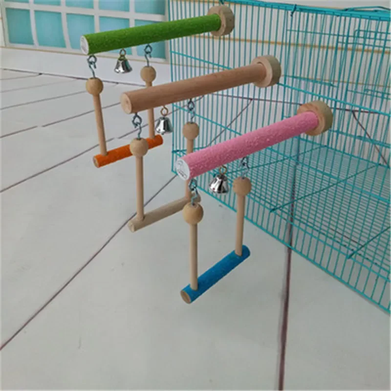 

Natural Wooden Parrots Swing Toy Birds Perch Hanging Swings Cage With Beads Bells Toys Bird Supplies