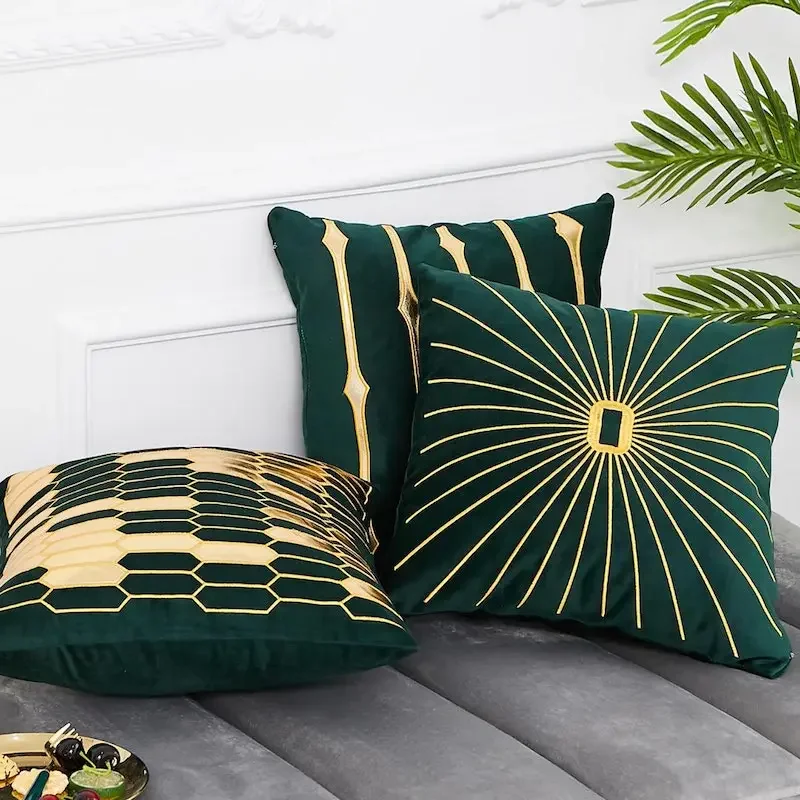 

Современный золотой полиуретановый геометрический вышитый диван-стул мягкий Coussin домашний декор Роскошная зеленая наволочка искусственная декоративная подушка