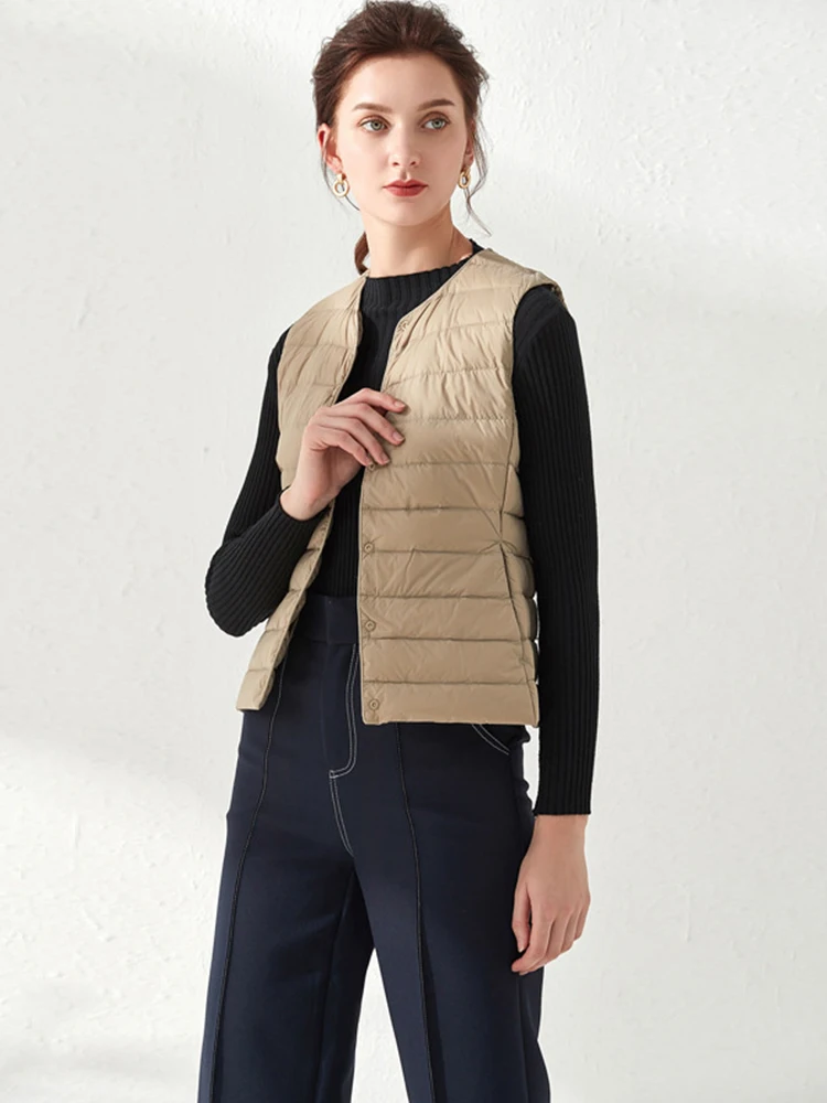 

Fitaylor новый зимний 90% ультра светильник, белый утиный пух, Женский Повседневный жилет без рукавов с круглым вырезом, тонкое пальто, однобортная теплая куртка