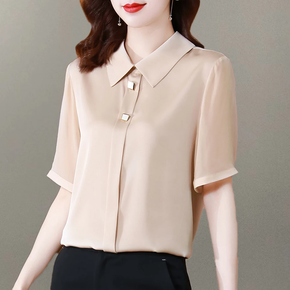 

Блузка Женская атласная с коротким рукавом, Элегантная Модная рубашка в офисном стиле, повседневный винтажный Топ, лето 2023