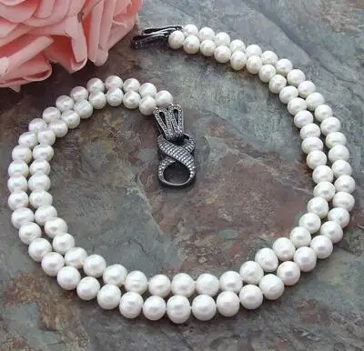 Charming 2row 9-10mm White Pearl Necklace CZ Clasp