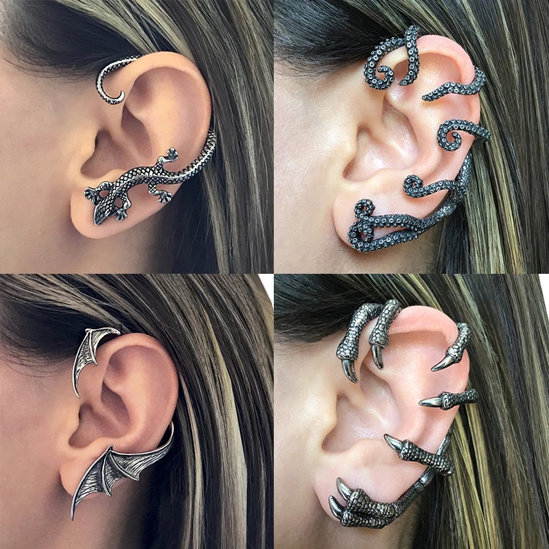 AOEDEJ Octopus Tentacles Earring Vintage Dragon Earring Cuff Punk Studs Earring Whole Ear Cuff Stainless Steel Men Ear Clip On images - 6