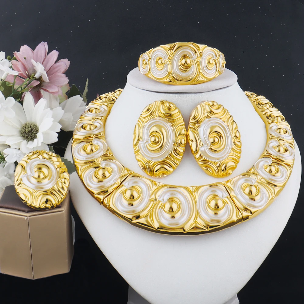 Luxury Shine  Plated Heavy Necklace Earrings Bracelet Ring Set for Women Dubai Noble Charms Jewelry Gift for Party Wedding