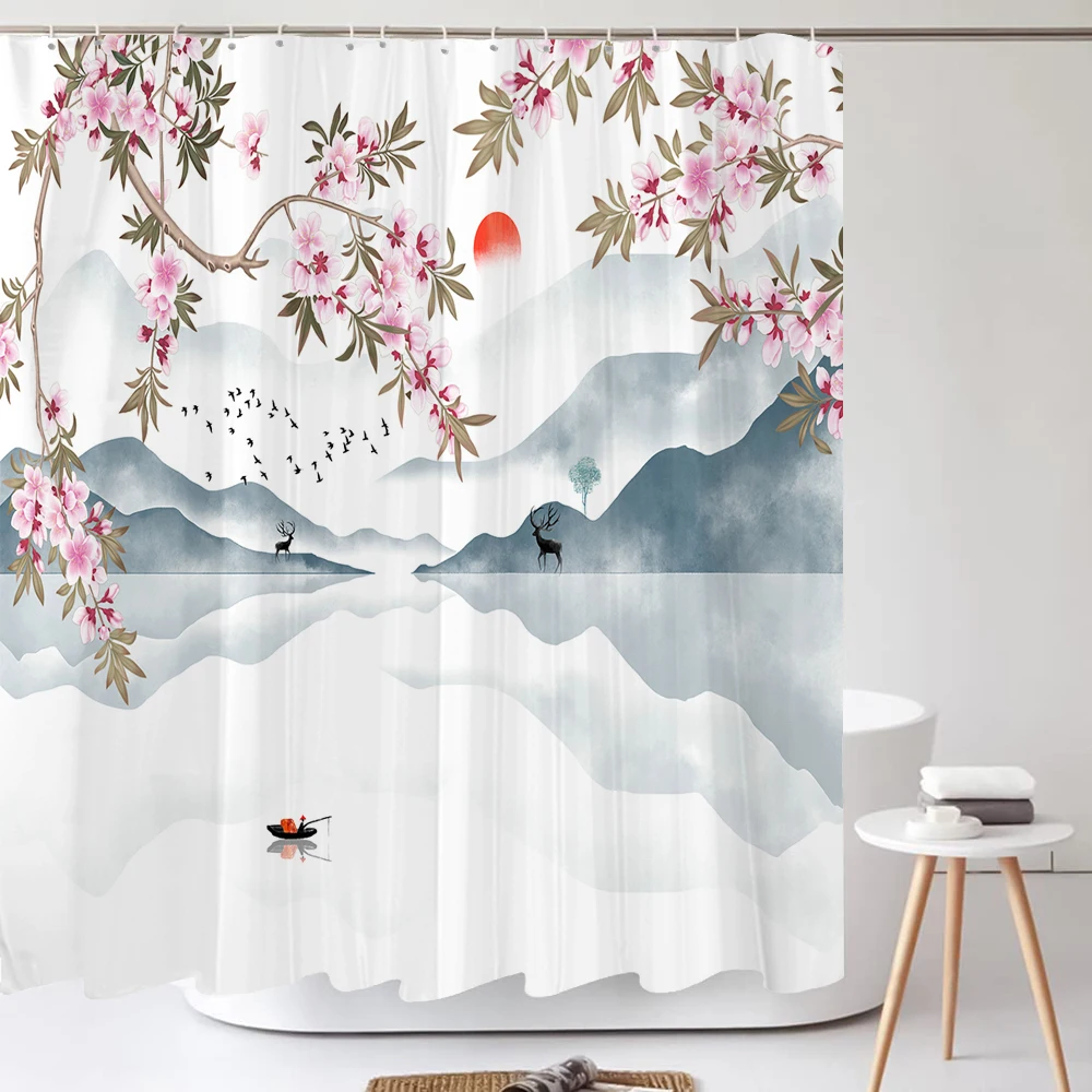

Chinese Ink Painting Flower And Birds Shower Curtains Bathtub Decor Curtains Print Washable Fabric Polyester Curtain With Hooks