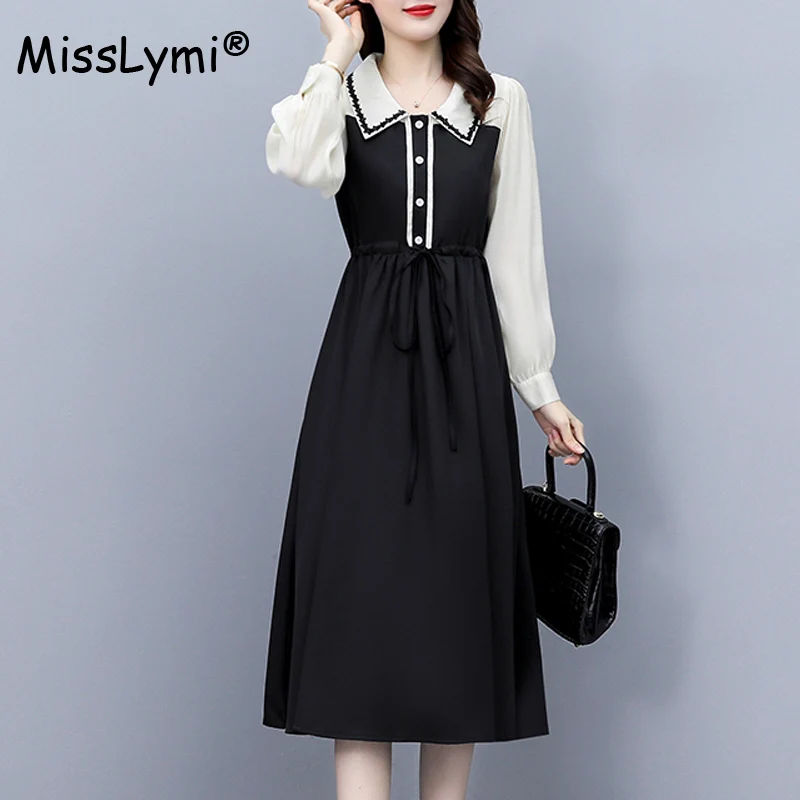

French Elegant Midi Dresses Large Size Women Clothing Autumn 2023 White Long Sleeve Patchwork Black High Waist A-Line Dress